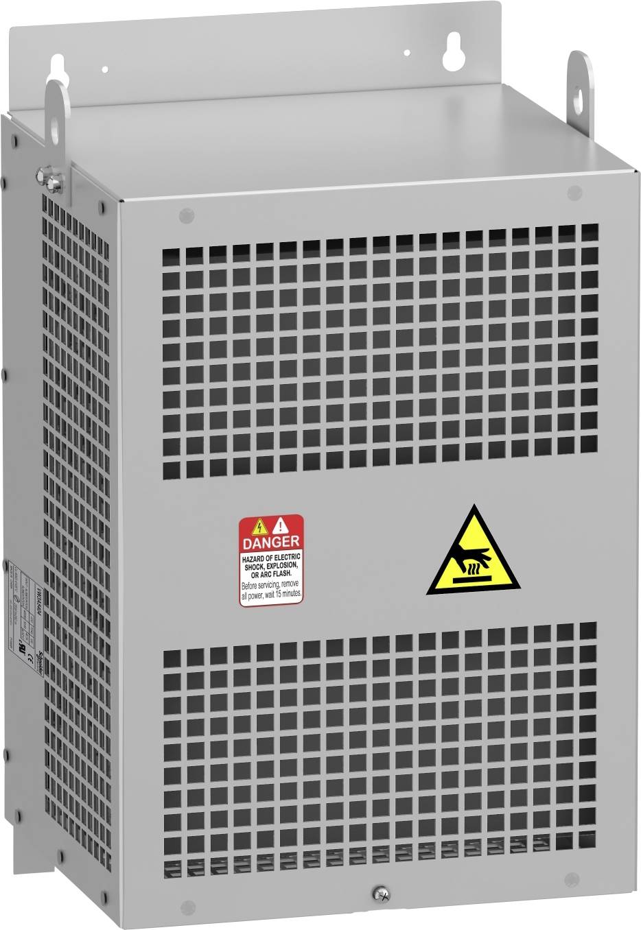 Metallisches Gittergehäuse mit Gefahren- und Spannungshinweisen, an einer Wand montiert, zur Belüftung technischer Geräte.