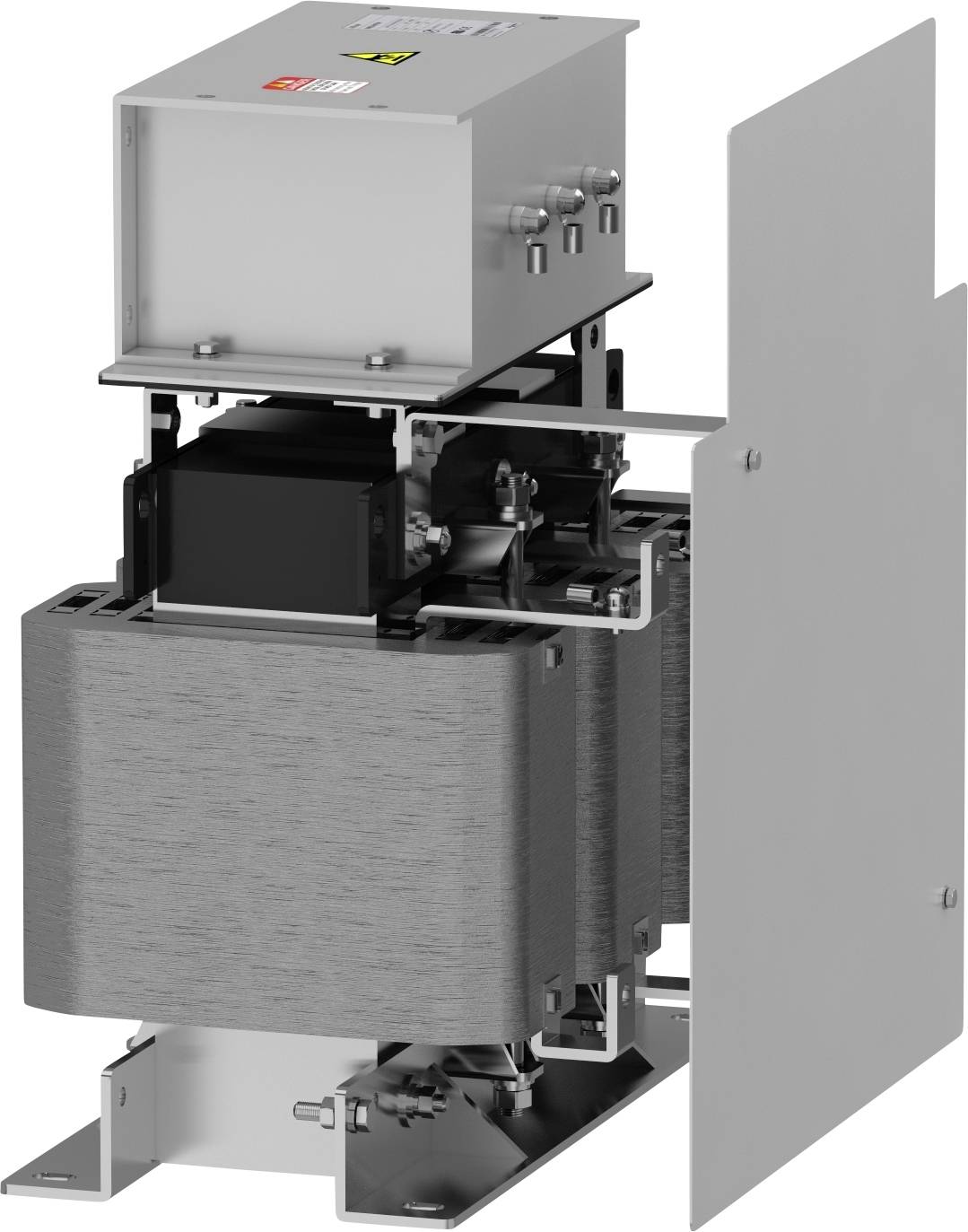 Elektrischer Transformator in grauem Gehäuse, teilweise geöffnet, zeigt innenliegende Komponenten.