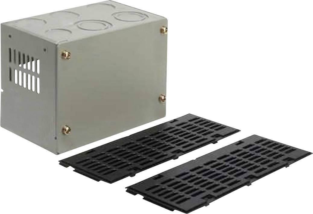 Gehäuse aus Metall mit Lüftungsschlitzen und Schrauben, daneben zwei schwarze Gitterabdeckungen.