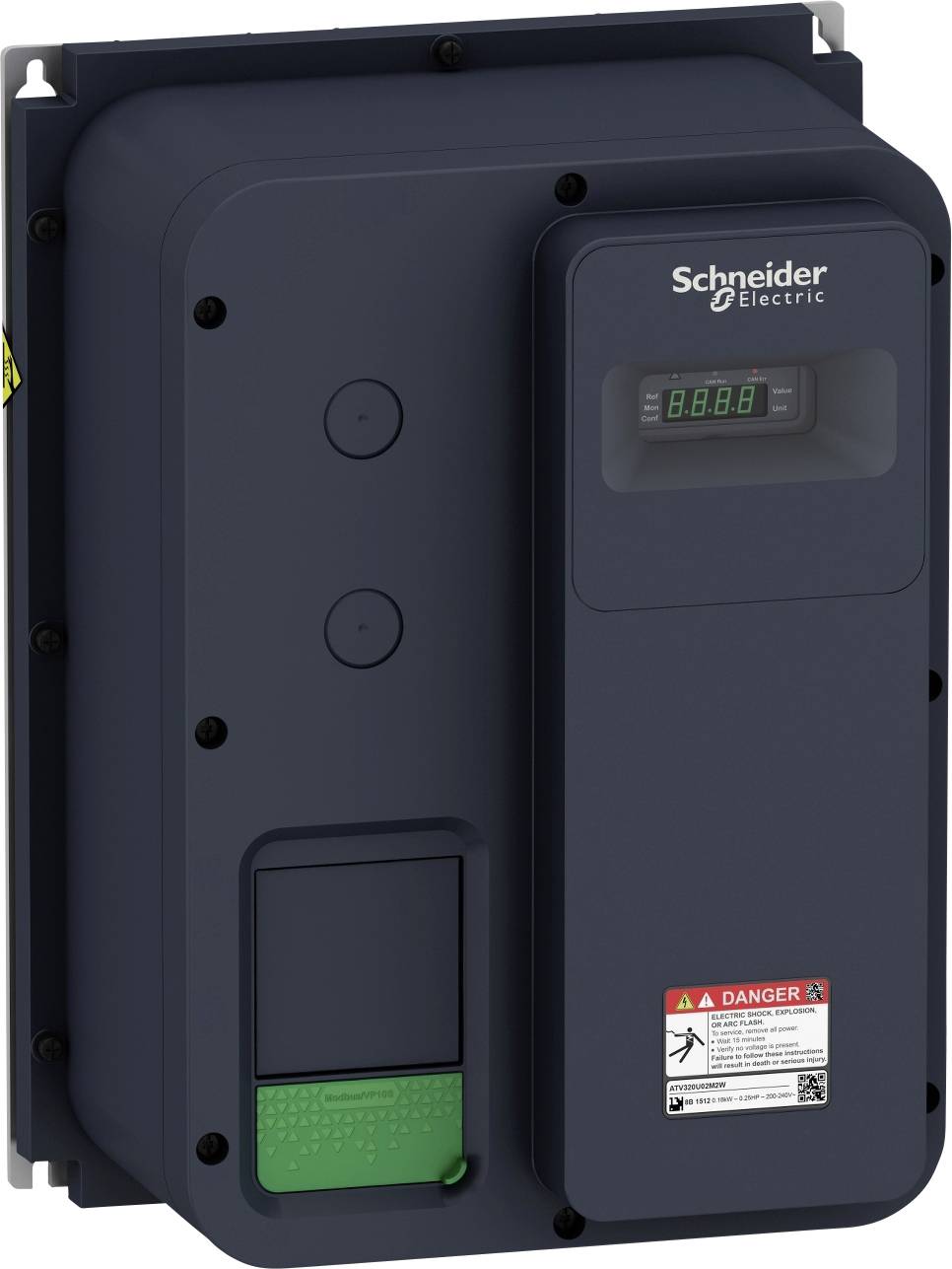Ein elektrisches Gerät von Schneider Electric mit digitalem Display und Warnhinweis.