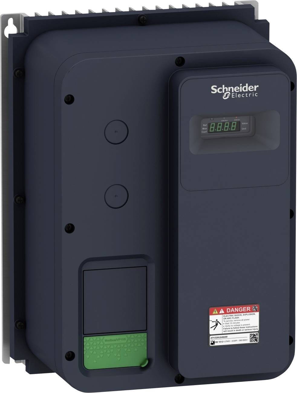 Schwarz-graues elektrisches Gerät mit digitaler Anzeige oben rechts, zwei Knöpfen links und Warnhinweisen unten rechts.