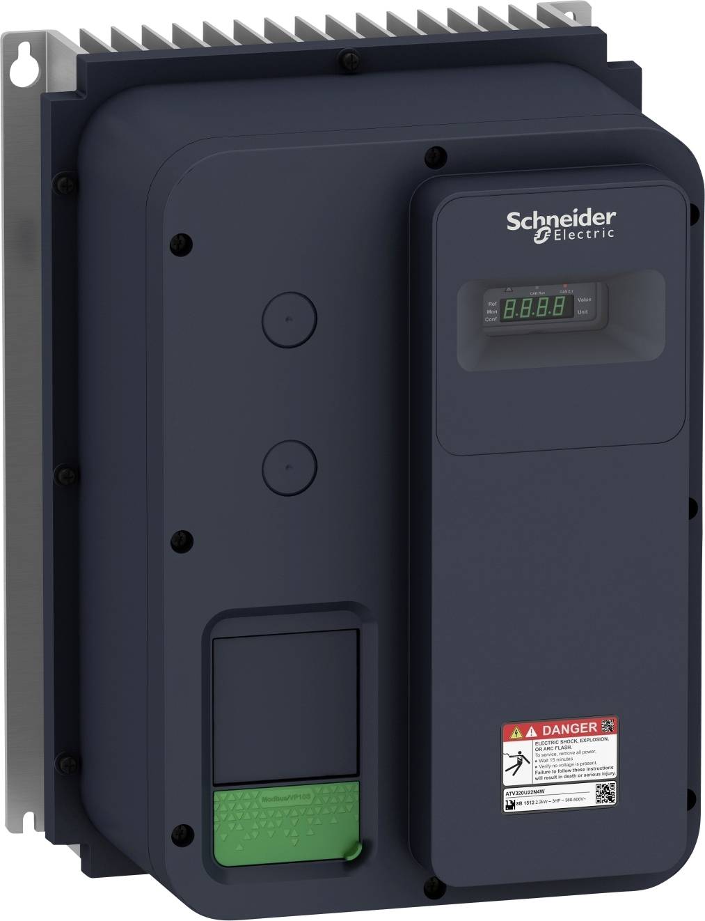 Elektrischer Stromrichter von Schneider Electric, schwarze Gehäusefarbe, mit Digitalanzeige und Warnsymbolen unten.