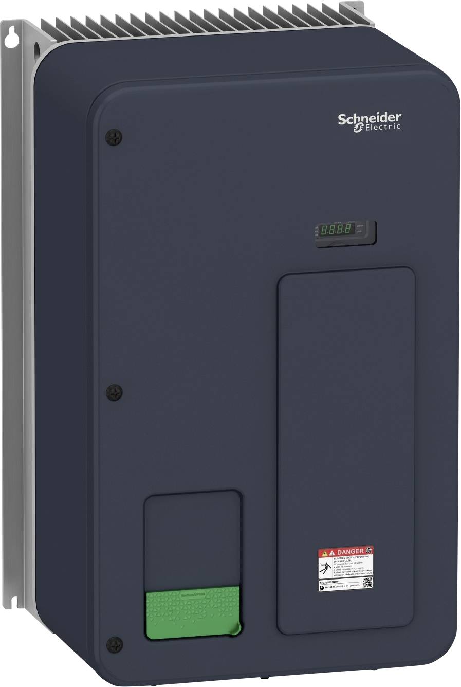 Industrie-Schaltschrank mit digitalem Display und grünem Anzeigeelement von Schneider Electric.