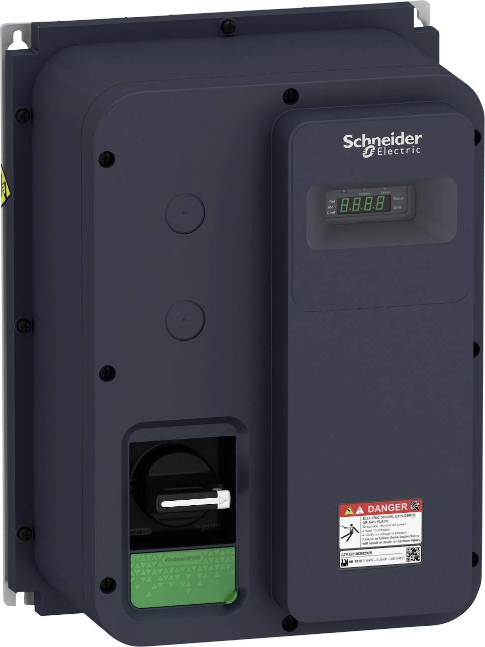 Ein schwarzes elektrisches Gerät mit einem digitalen Display, Schalter und Warnhinweis, Markenname 'Schneider Electric' oben rechts.