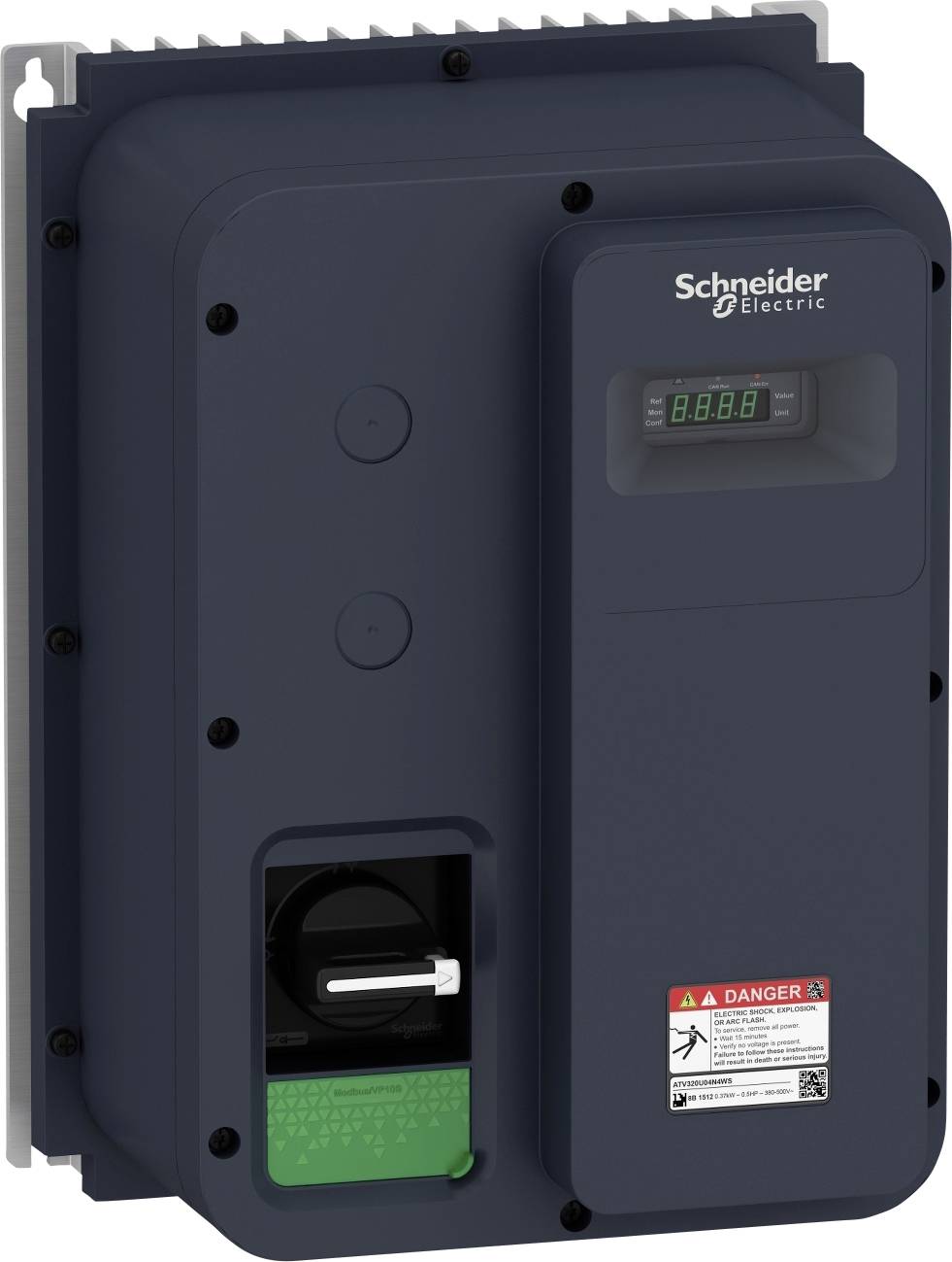 Ein elektrisches Gerät mit Display und Warnhinweisen. Es ist dunkelgrau und hat einen Markenaufdruck oben.