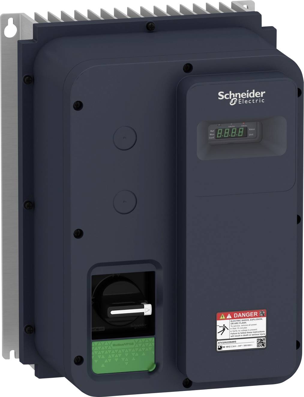 Industrie-Frequenzumrichter von Schneider Electric mit integrierter Anzeige und Warnhinweis, zur Steuerung von Elektromotoren.