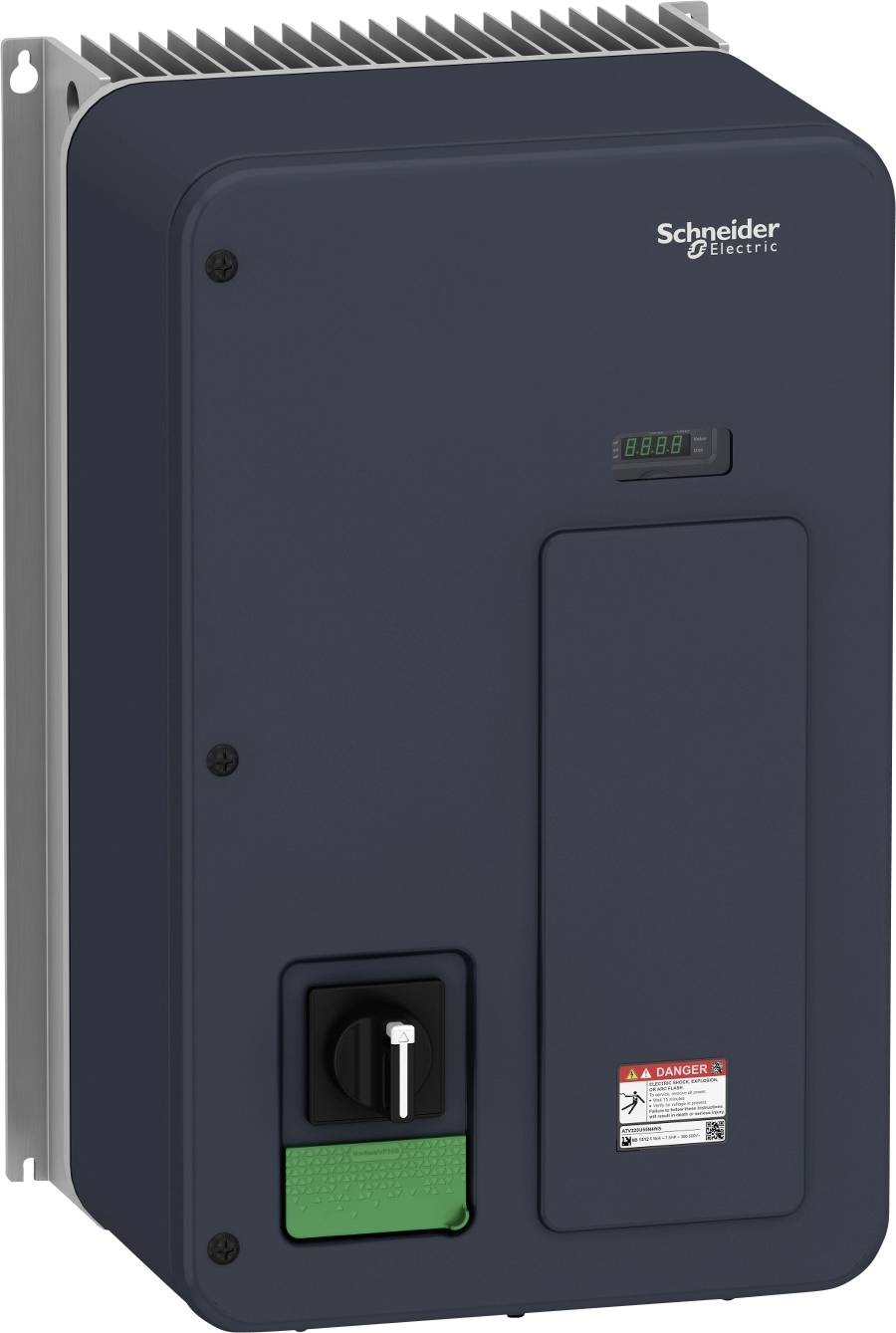 Elektrischer Schaltschrank in dunkelblauer Farbe mit Schalter unten links und Herstellerlogo oben rechts.