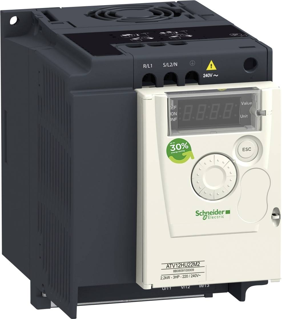 Ein schwarzer und weißer elektrischer Frequenzumrichter von Schneider Electric mit Display und Bedienelementen.