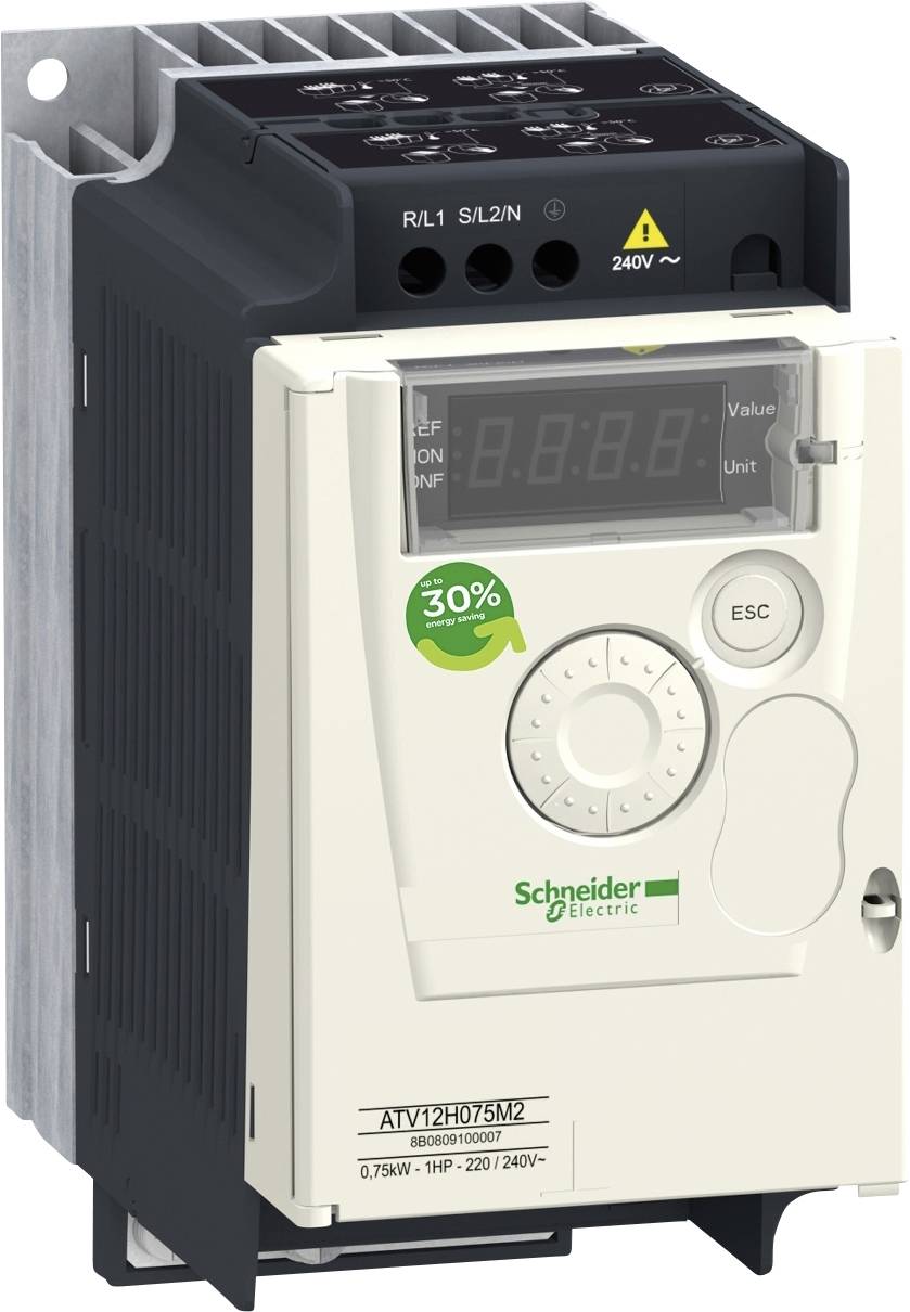 'Schneider Electric Frequenzumrichter' mit Digitalanzeige und Bedientasten. Anzeige: '30%' und Spannung '240V'.