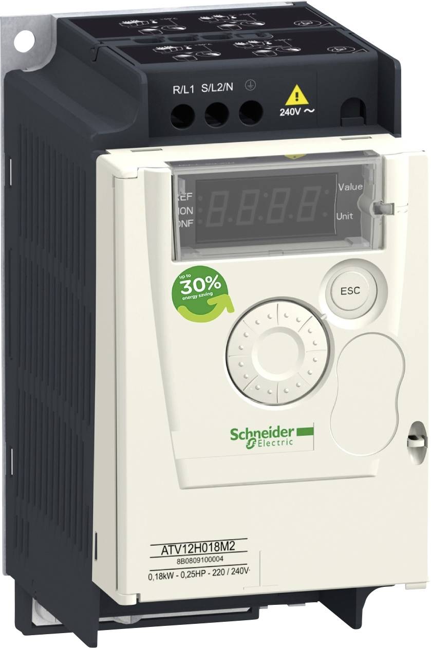 Frequenzumrichter von Schneider Electric mit digitaler Anzeige und Tasten zur Steuerung. Zeigt '30% Energieeinsparung' an.