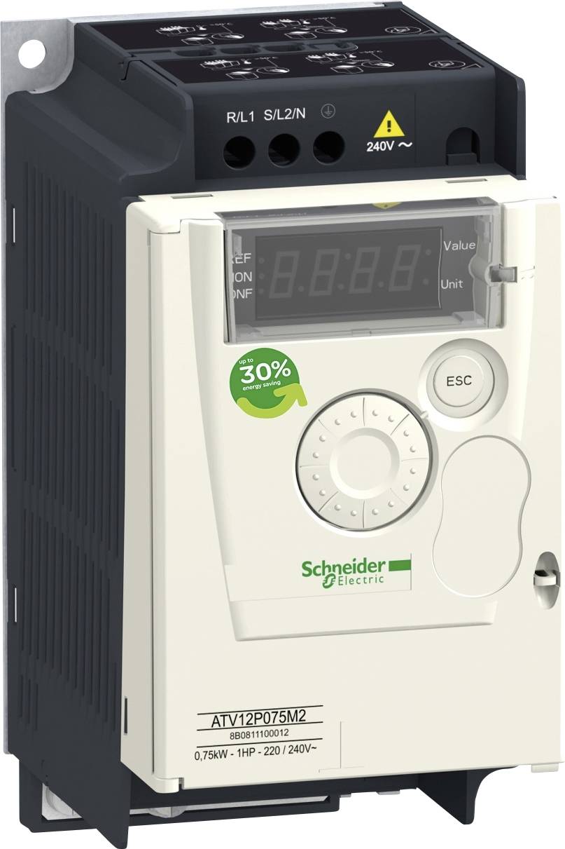 Frequenzumrichter mit digitalem Display und Bedienfeld, zeigt text ‘30% Energieeinsparung’, Markenlogo und Modellversion unten sichtbar.