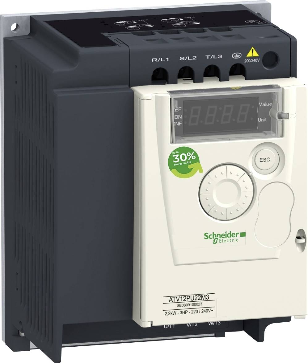 Ein Frequenzumrichter der Marke Schneider Electric mit digitalem Display und grüner '30% Energieeinsparung'-Markierung.