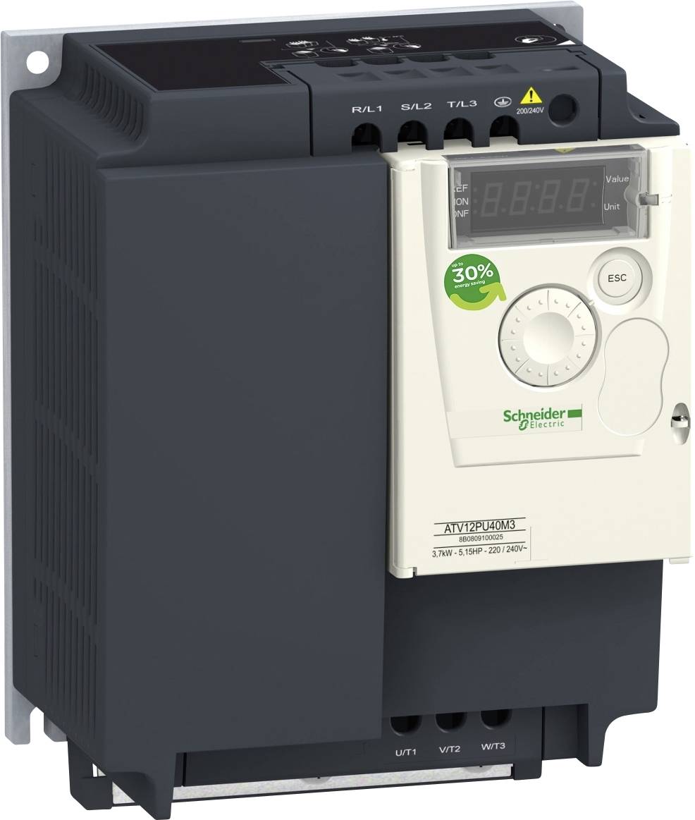 Ein schwarzer und weißer Frequenzumrichter von Schneider Electric zeigt eine digitale Anzeige mit Bedienknöpfen und LED-Anzeigen.