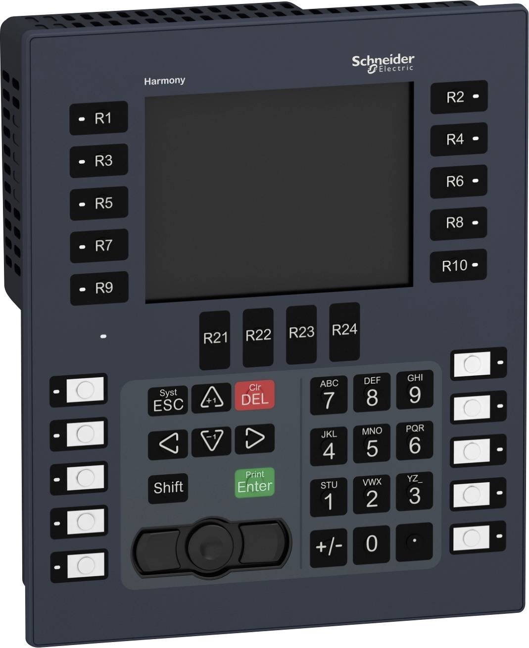 Elektronisches Bedienfeld mit Bildschirm und zahlreichen Tasten, Beschriftung 'Schneider Electric' oben rechts.