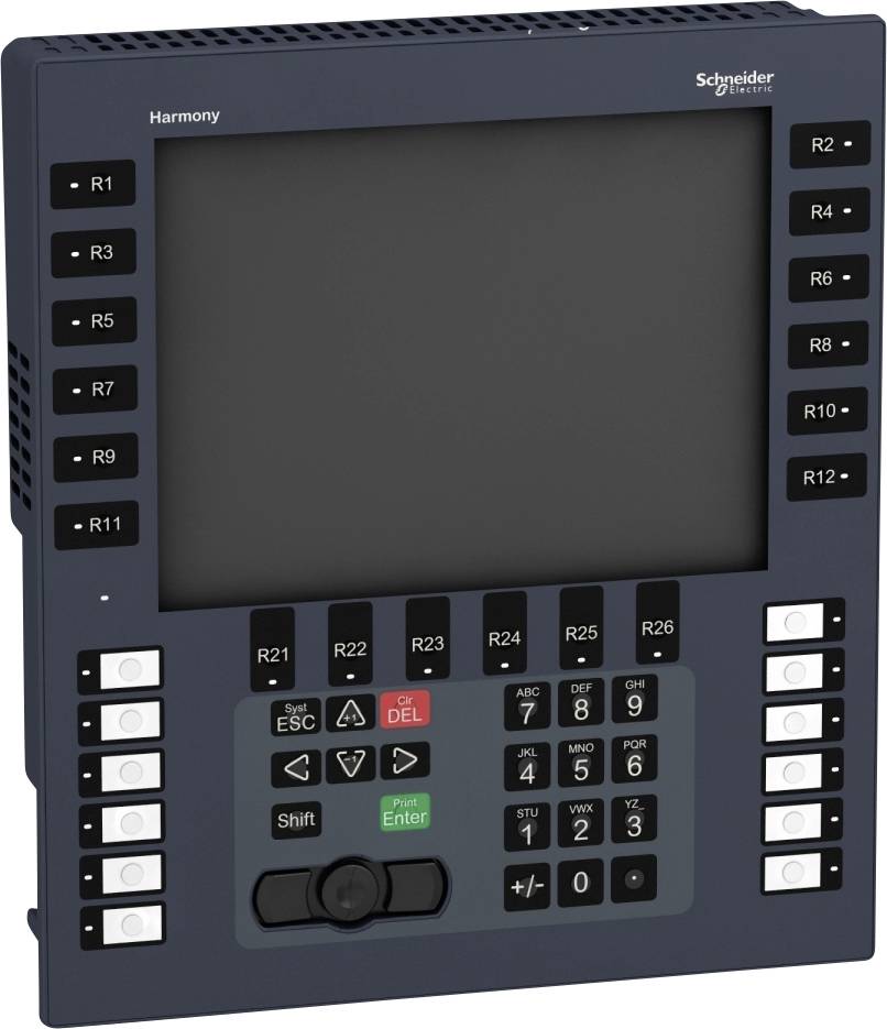 Elektronisches Bedienfeld mit Bildschirm und Tasten, beschriftet mit Funktionen wie R1 bis R12 und weiteren Steuerungstasten.