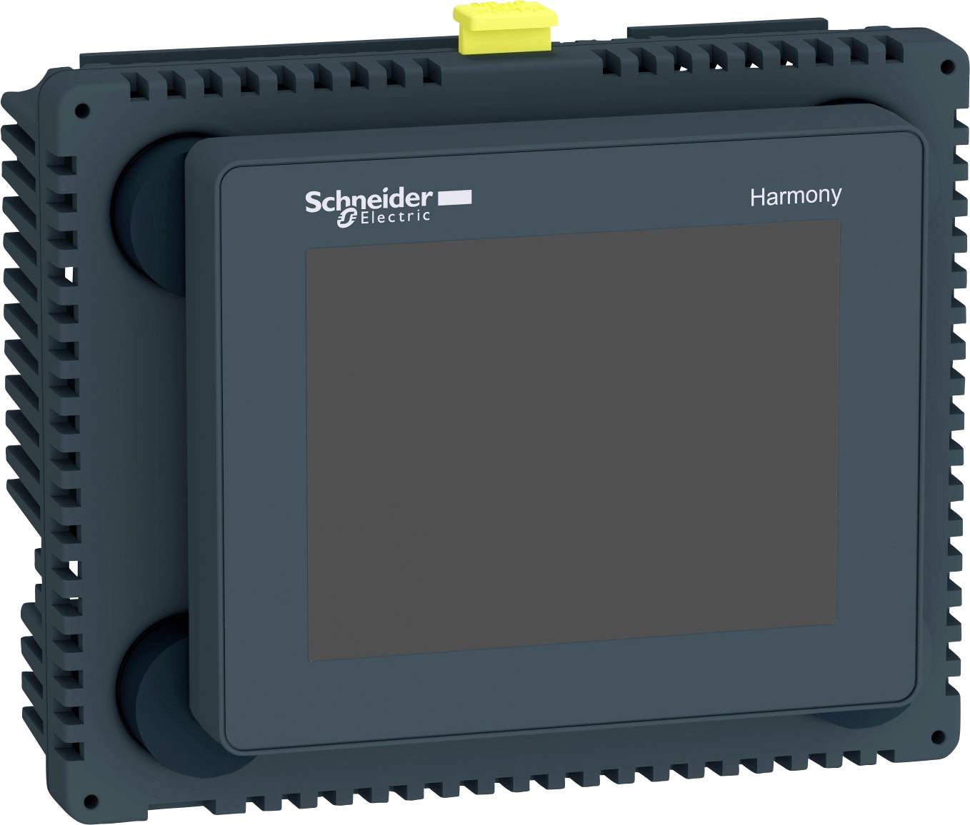 Ein elektronisches Bedienfeld von Schneider Electric, Modell Harmony, vor dunklem Hintergrund.