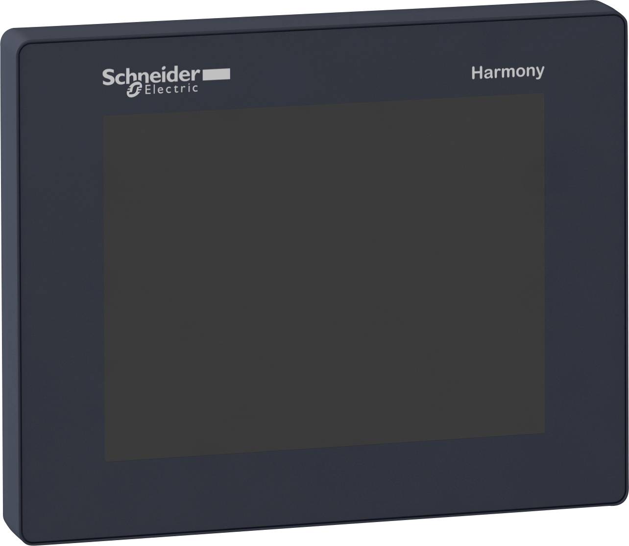 Eine schwarze rechteckige Anzeigeeinheit mit den Logos 'Schneider Electric' und 'Harmony' oben links und rechts auf der Vorderseite.