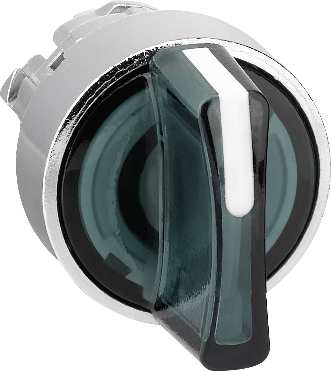 Ein runder, zweifarbiger Drehknopf mit einem Pfeilmarkierung. Der Knopf hat eine metallische Basis und eine grün-transparente Oberfläche.