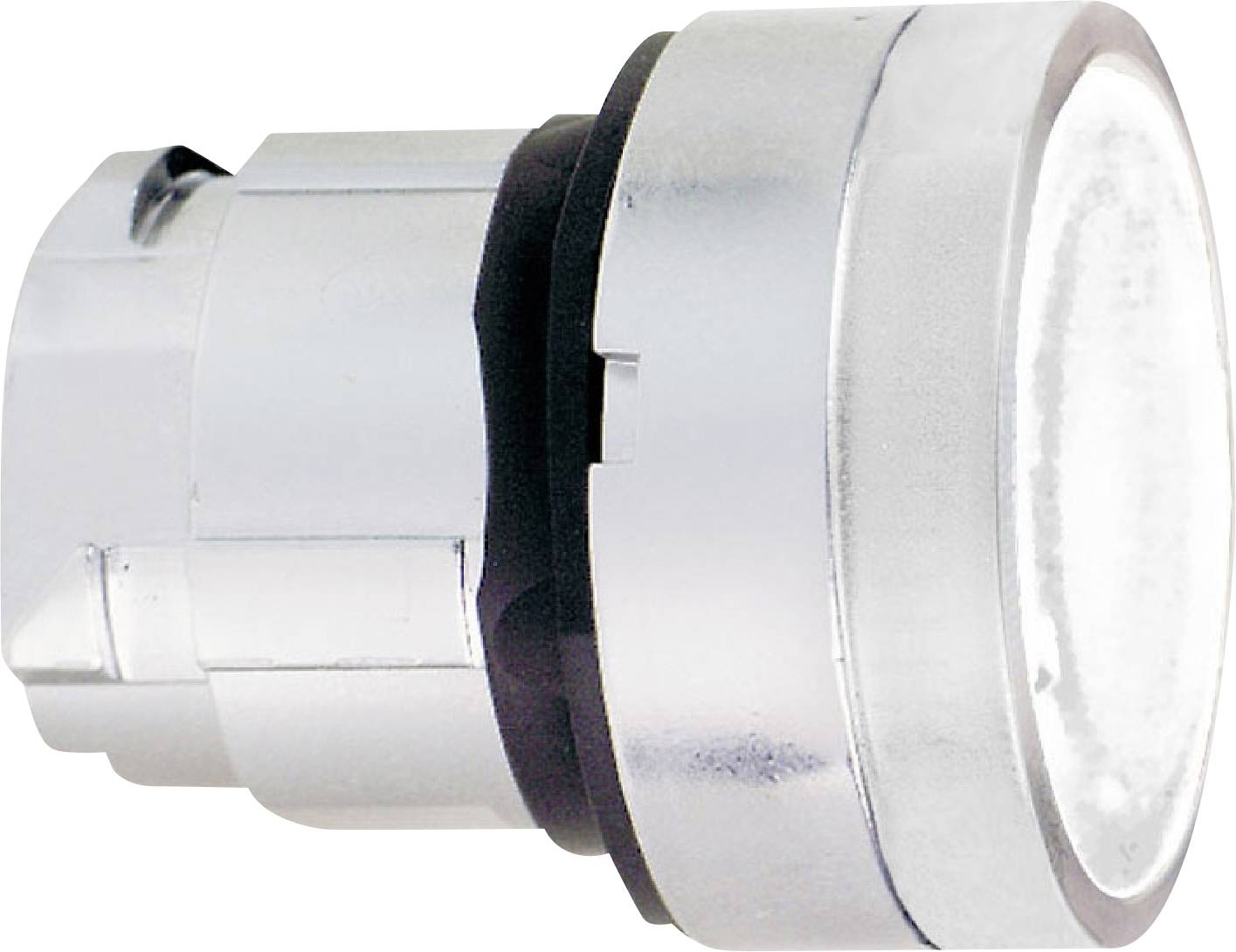 Runder metallischer Knopf mit silberner Oberfläche, leicht erhöht, zur Steuerung von Geräten oder Maschinen.