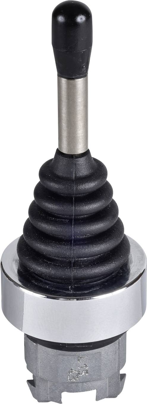 'Industrieller Joystick mit schwarzem Griff und silberner Basis', dient zur Steuerung von Maschinen.