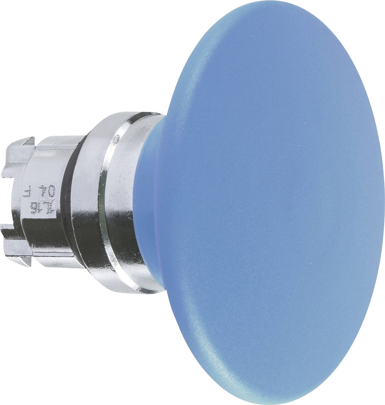 Ein runder blauer Druckknopf, montiert auf einer silbernen Metallbasis, geeignet für mechanische oder elektrische Geräte.