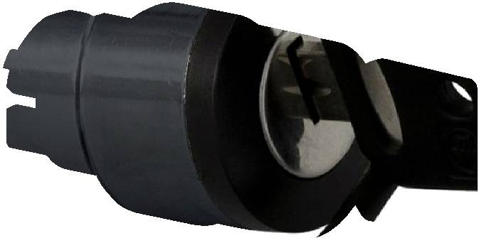 Schwarzer Zündschalter mit sichtbarem Schlüsselansatz, wahrscheinlich für ein Fahrzeug oder mechanisches Gerät gedacht.