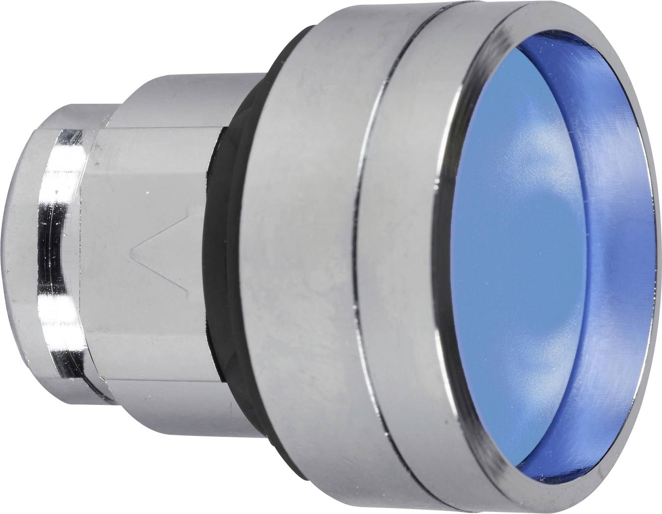 Silberner runder Knopf mit blauem Zentrum, geeignet für mechanische Anwendungen, auf weißem Hintergrund platziert.