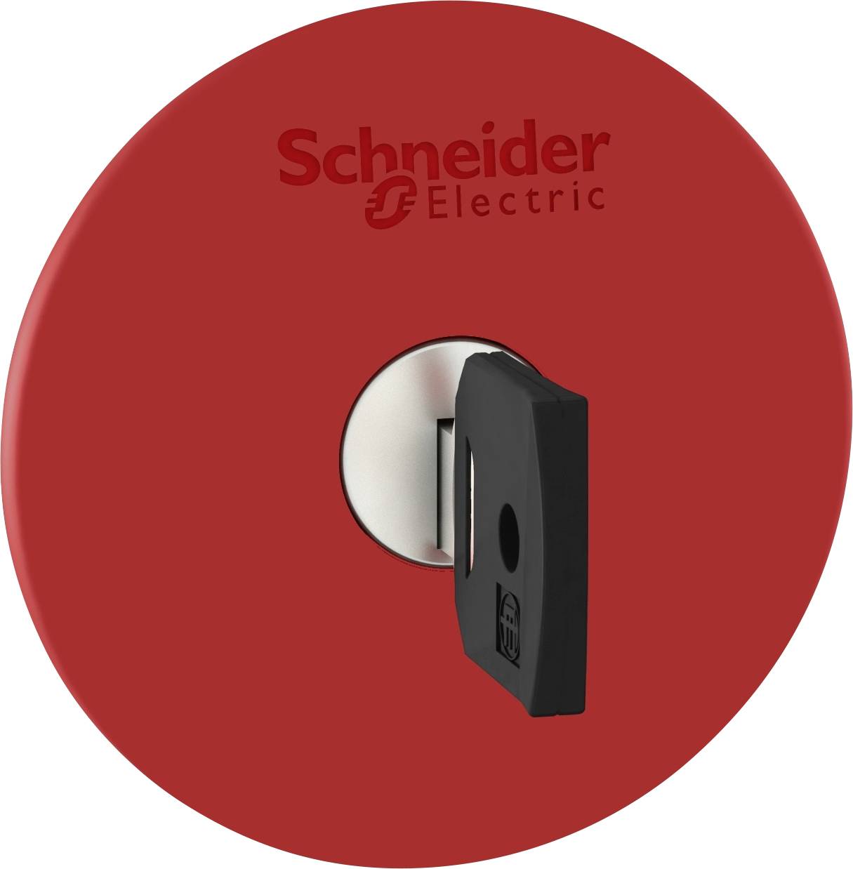 Roter Not-Aus-Schalter mit schwarzem Griff von Schneider Electric, verwendet für das schnelle Abschalten von Maschinen in Notfällen.