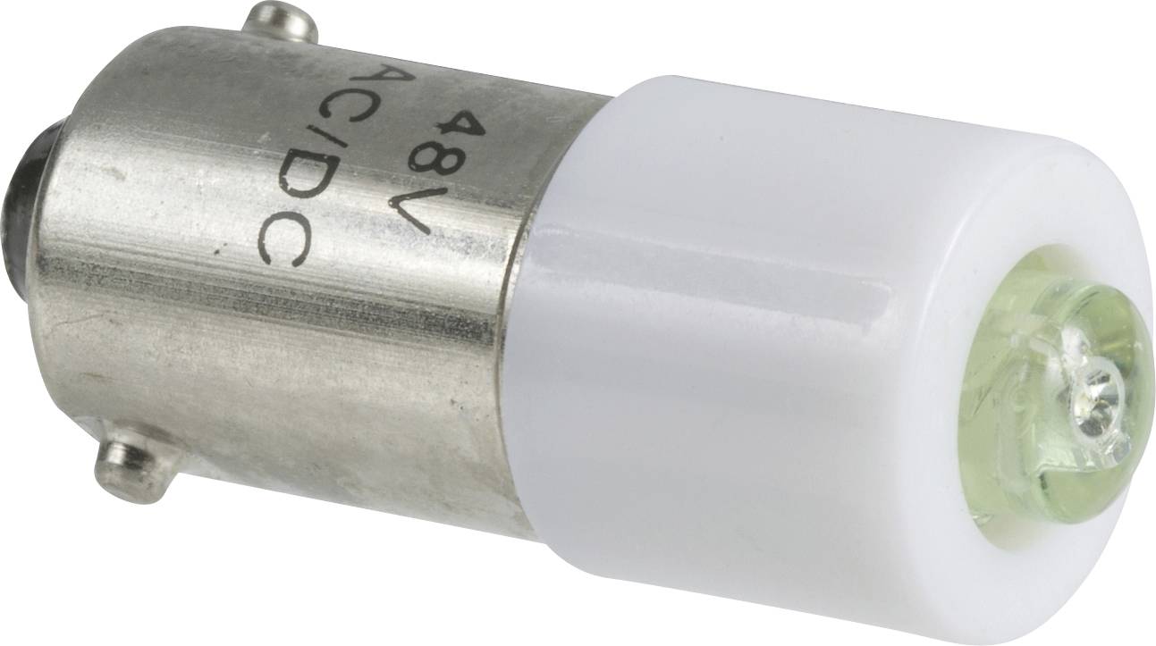 Metallische LED-Lampe mit Aufschrift '48V AC/DC'. Geeignet für duale Spannungsversorgung.