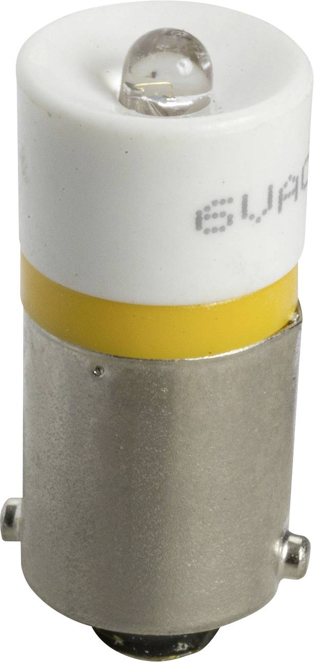 Eine kleine, zylinderförmige LED-Lampe mit Metallgehäuse und gelbem Ring. Oben eine transparente Abdeckung für das Licht.