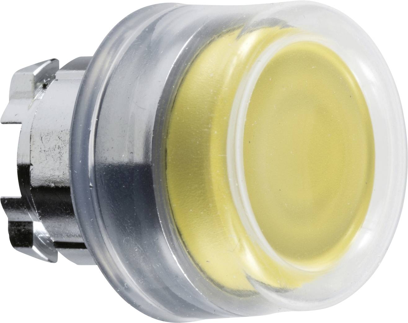 Ein runder, gelber Knopf mit transparentem Gehäuse und metallischer Rückseite, wahrscheinlich ein Druckknopf für technische Anwendungen.