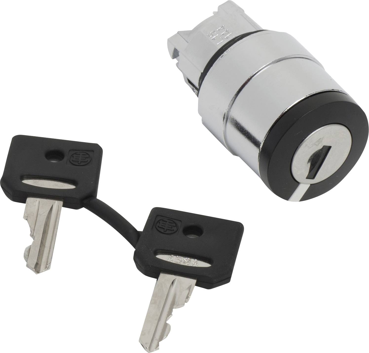 Zwei schwarze Schlüssel sind durch ein kurzes Kabel verbunden und liegen neben einem silbernen Zylinderschloss.