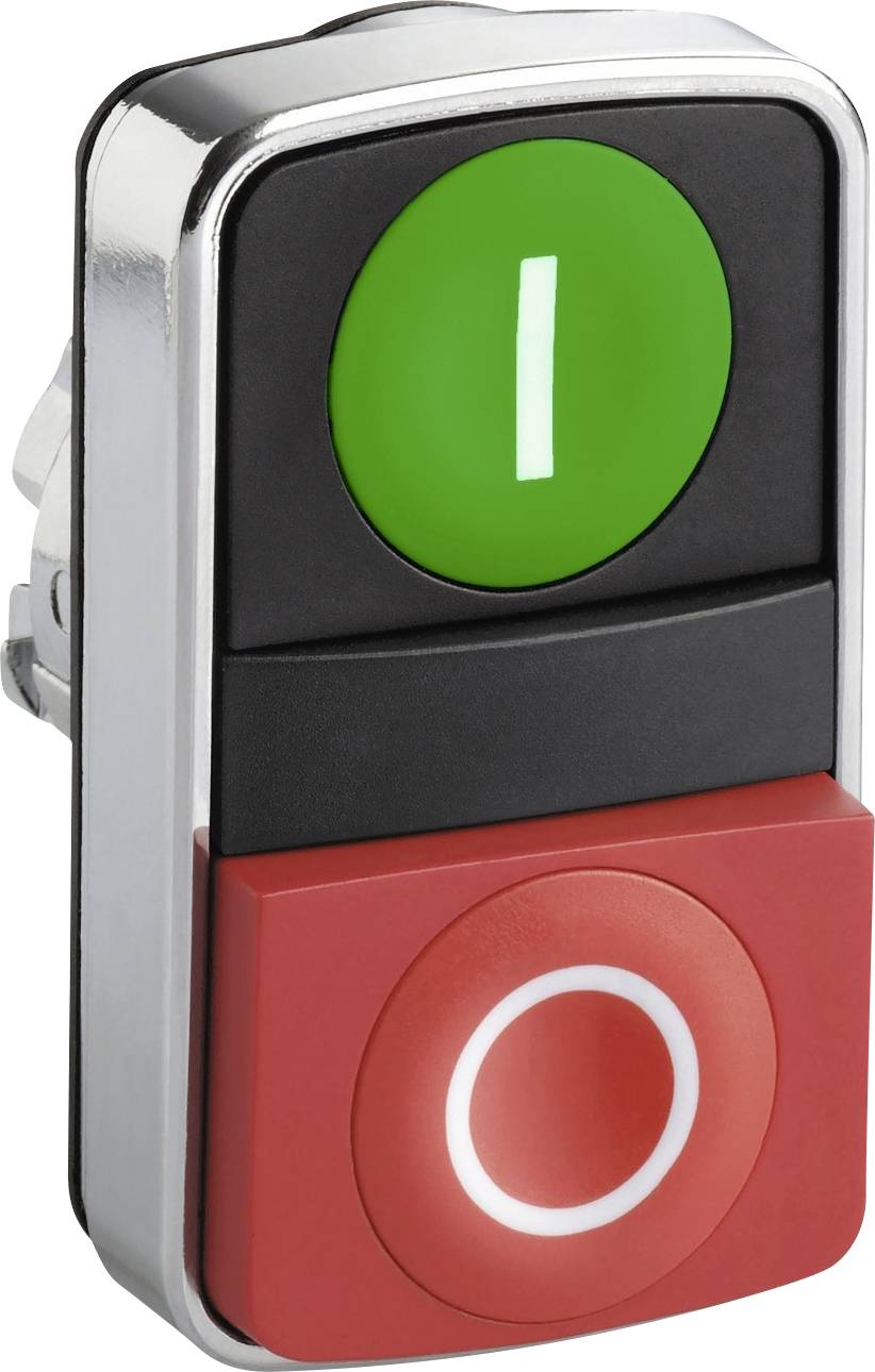 Ein grüner 'Ein'-Knopf und ein roter 'Aus'-Knopf auf einem rechteckigen Bedienelement, das zur Steuerung von Geräten dient.