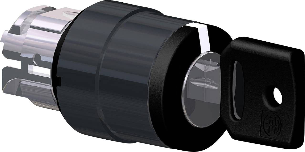 Ein schwarzer Zylinder mit integriertem Schlüssel zeigt ein Sicherheitsschloss-System. Der Schlüssel ist teilweise eingesetzt.