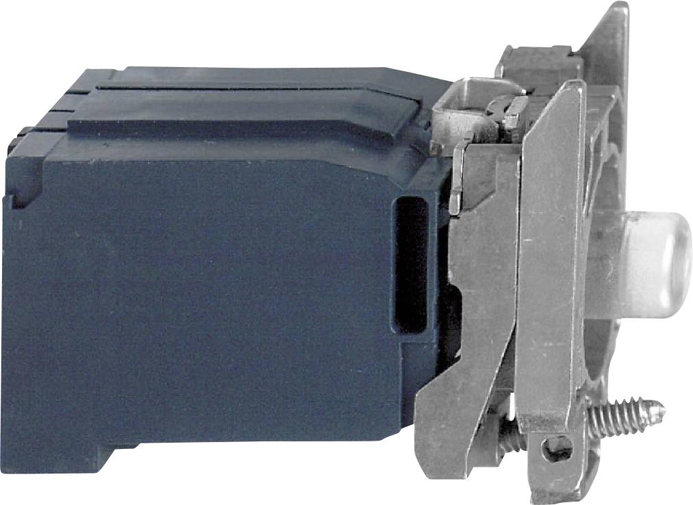 Ein blauer, rechteckiger elektrischer Schalter mit Metallfassung und einem transparenten Betätiger an der Vorderseite.