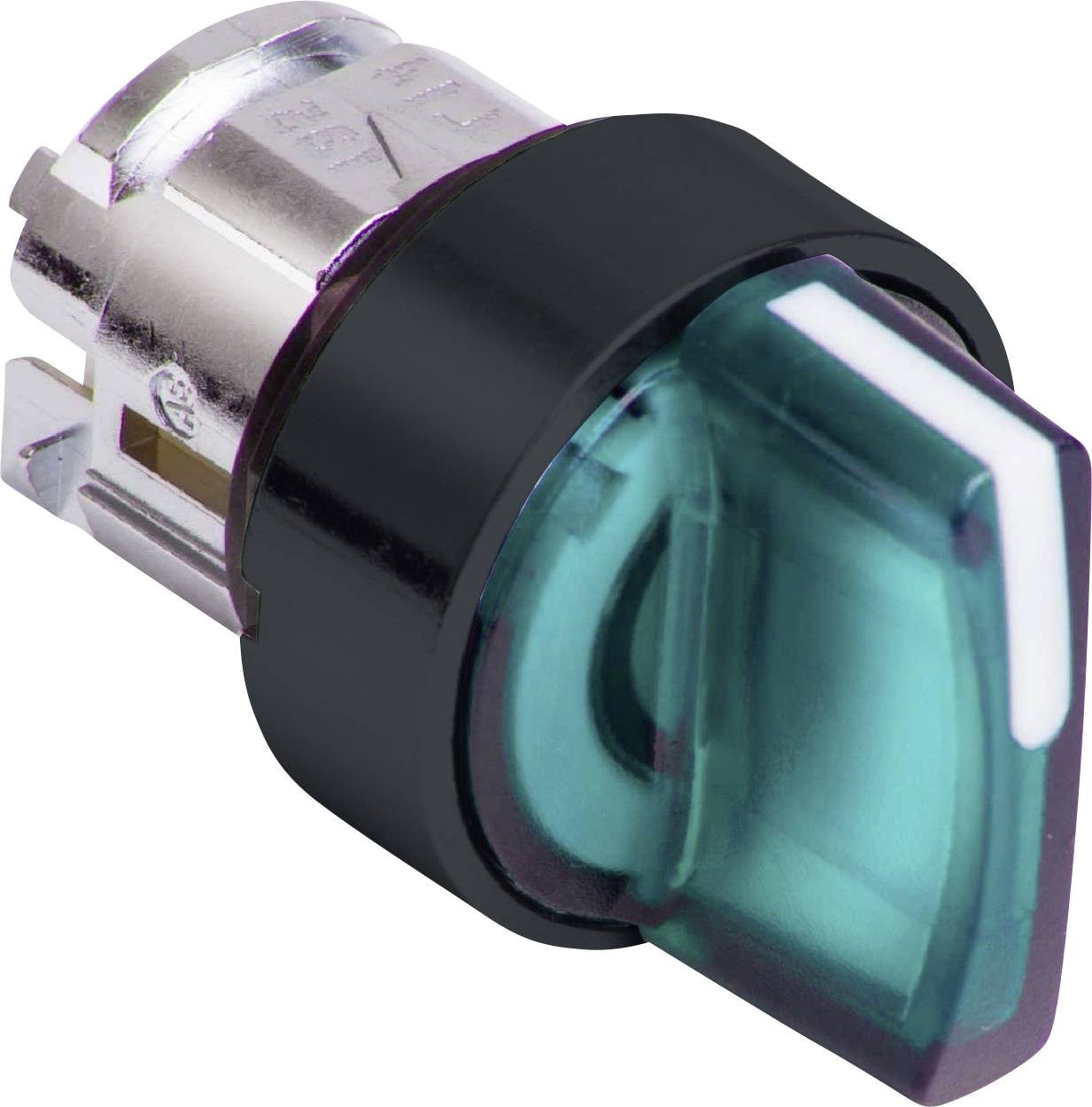 Grüner, halbtransparent leuchtender Drucktaster mit Plastikabdeckung und silberner Fassung, oft in Maschinensteuerungen eingesetzt.