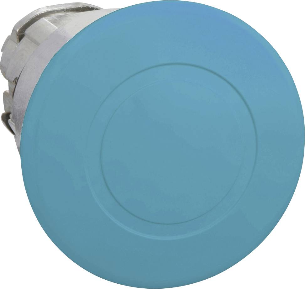 Blauer runder Knopf mit metallener Rückseite, verwendet als Schalter in elektromechanischen Geräten.