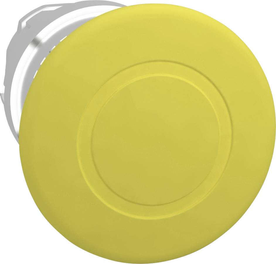 Großer, runder, gelber Not-Aus-Knopf an einem Gerät.