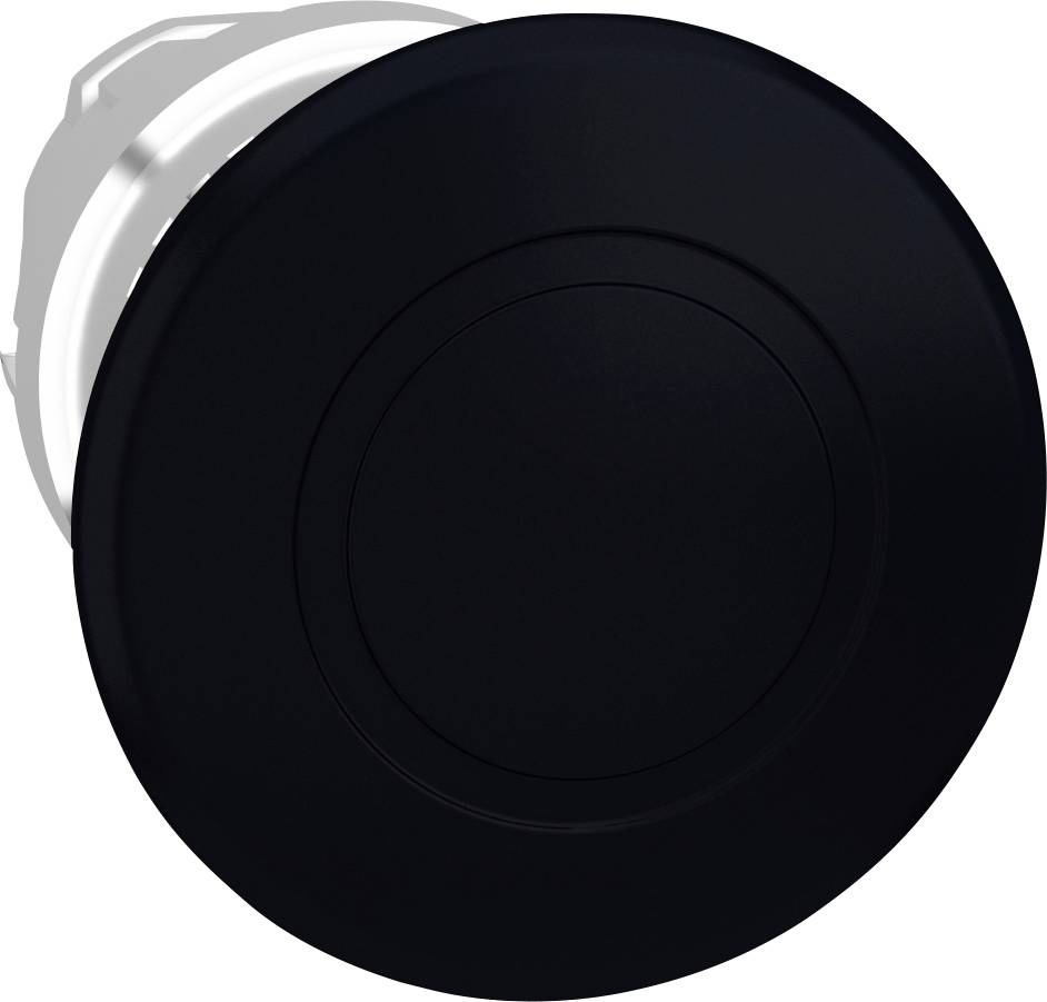 Schwarzer runder Knopf mit einem zentralen Kreis und einem silbernen Rand.
