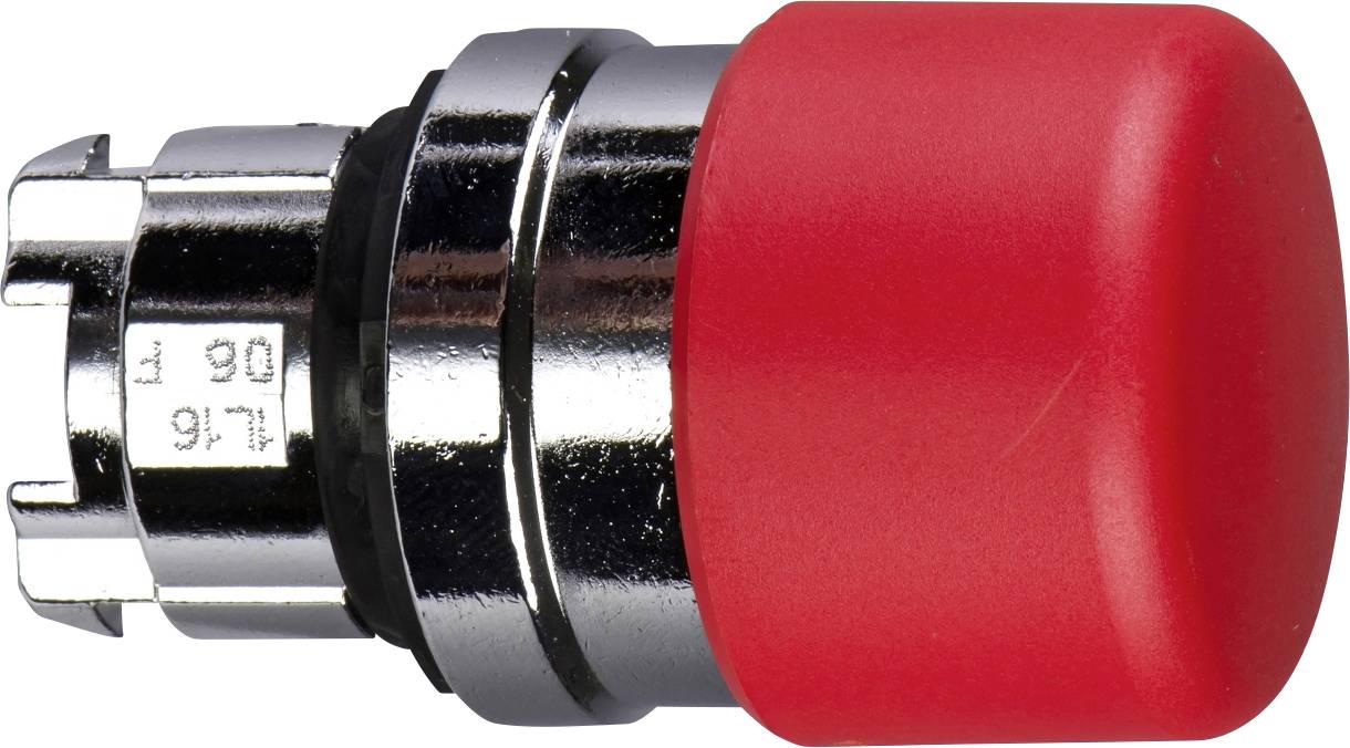 Roter Not-Aus-Schalter in Metallfassung, Seitenansicht.