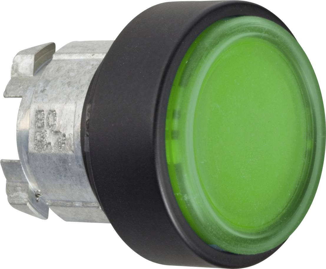 Ein großer, runder, grüner Knopf mit silbernem Metallgehäuse, häufig als Schalter für Maschinen oder elektronische Geräte verwendet.