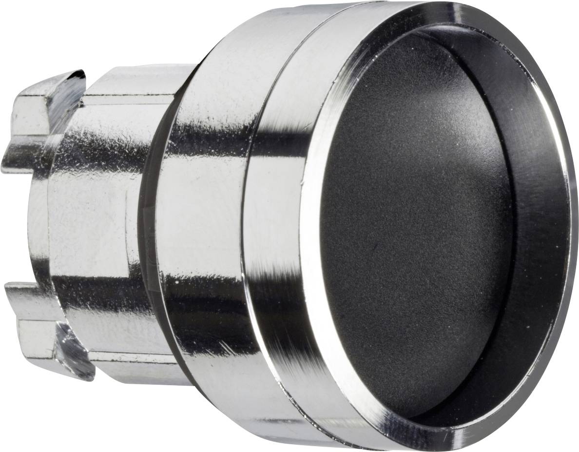 Runder, metallischer Druckknopf mit schwarzer Oberfläche, glänzendem Rand und geriffeltem Gehäuse, geeignet für industrielle Steuerungen.