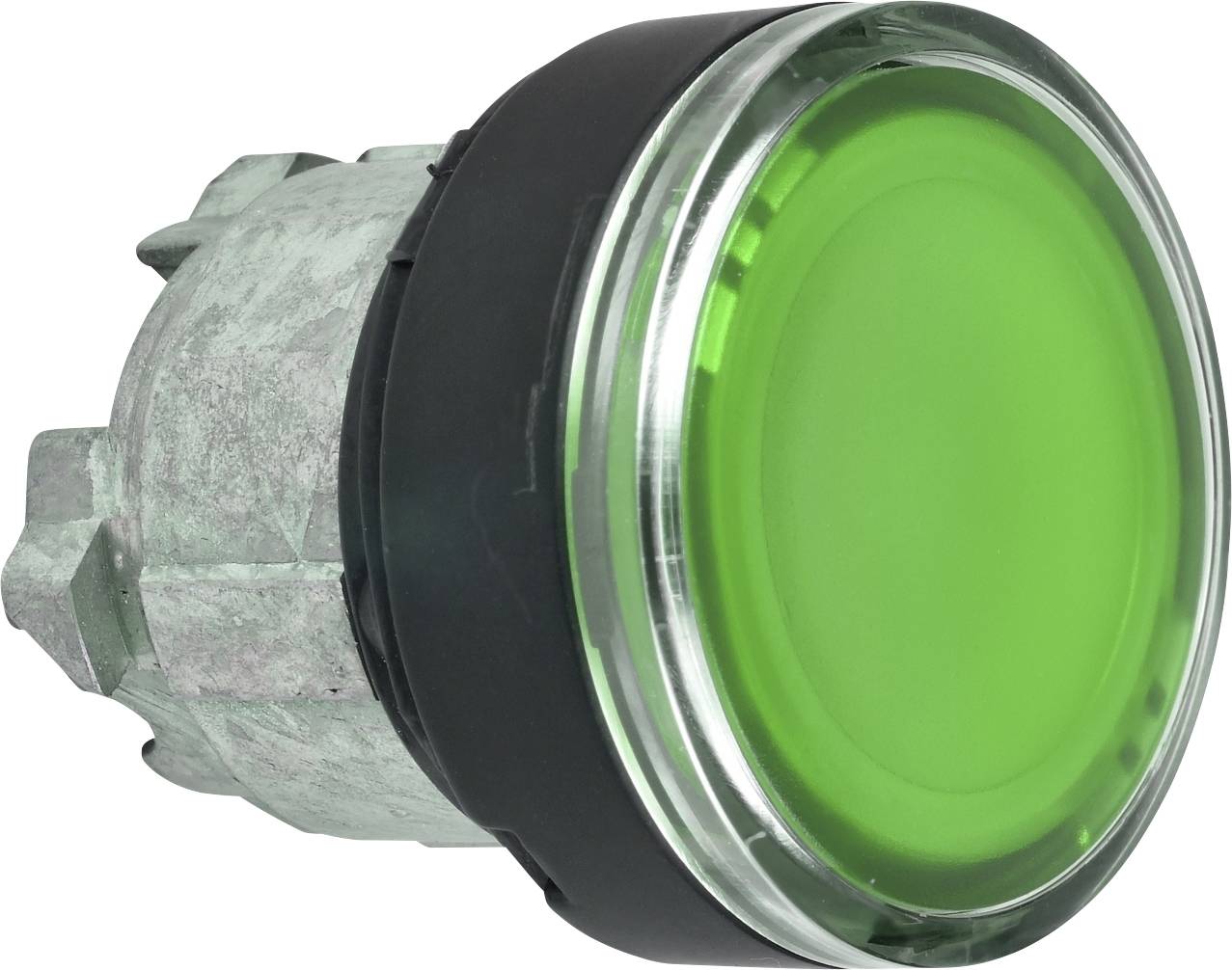 Grüner runder Knopf mit einem transparenten Rand und einem metallischen Gehäuse, möglicherweise für Maschinenbedienung.