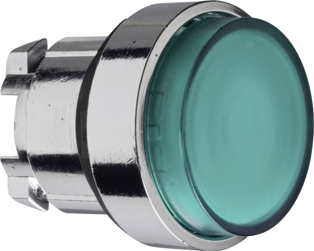 Ein runder, grüner Knopf mit silbernem Rand, der zur Steuerung oder als Signalgeber verwendet werden kann.