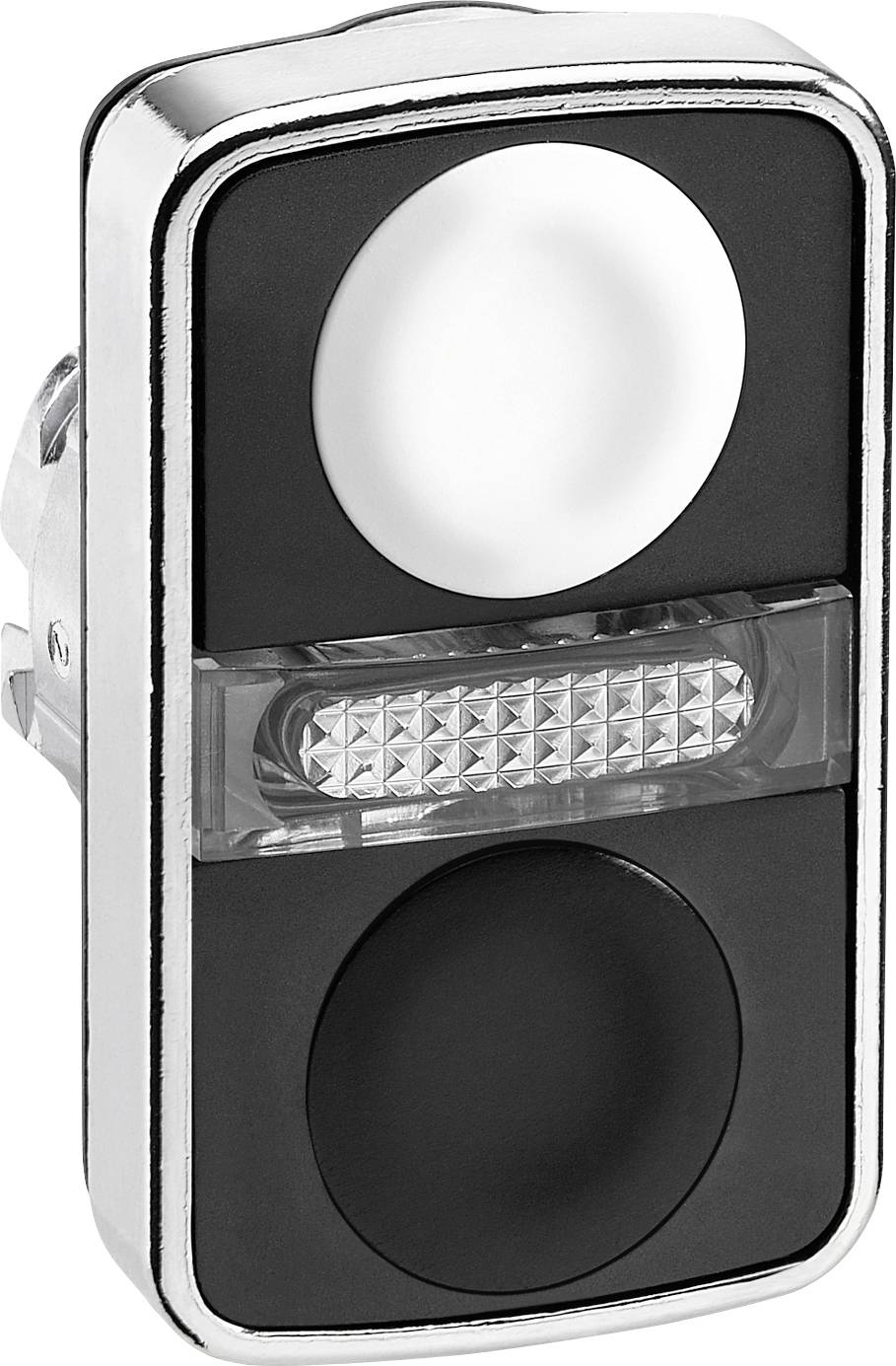 Ein rechteckiger Taster mit einem weißen und einem schwarzen Knopf oben und unten, dazwischen ein rechteckiges LED-Licht.