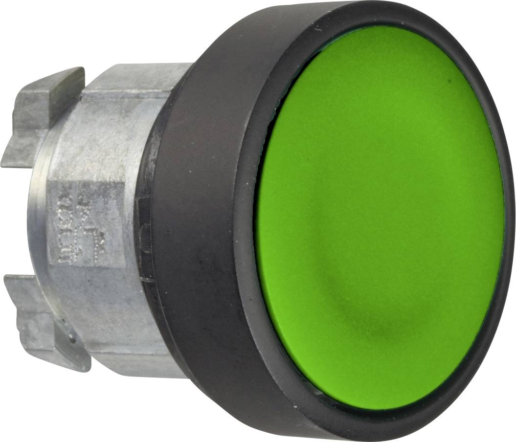 Ein grüner Druckknopf auf einem metallischen Gehäuse. Der Knopf ist groß und rund, symbolisiert oft Ein oder Start in technischen Anwendungen.