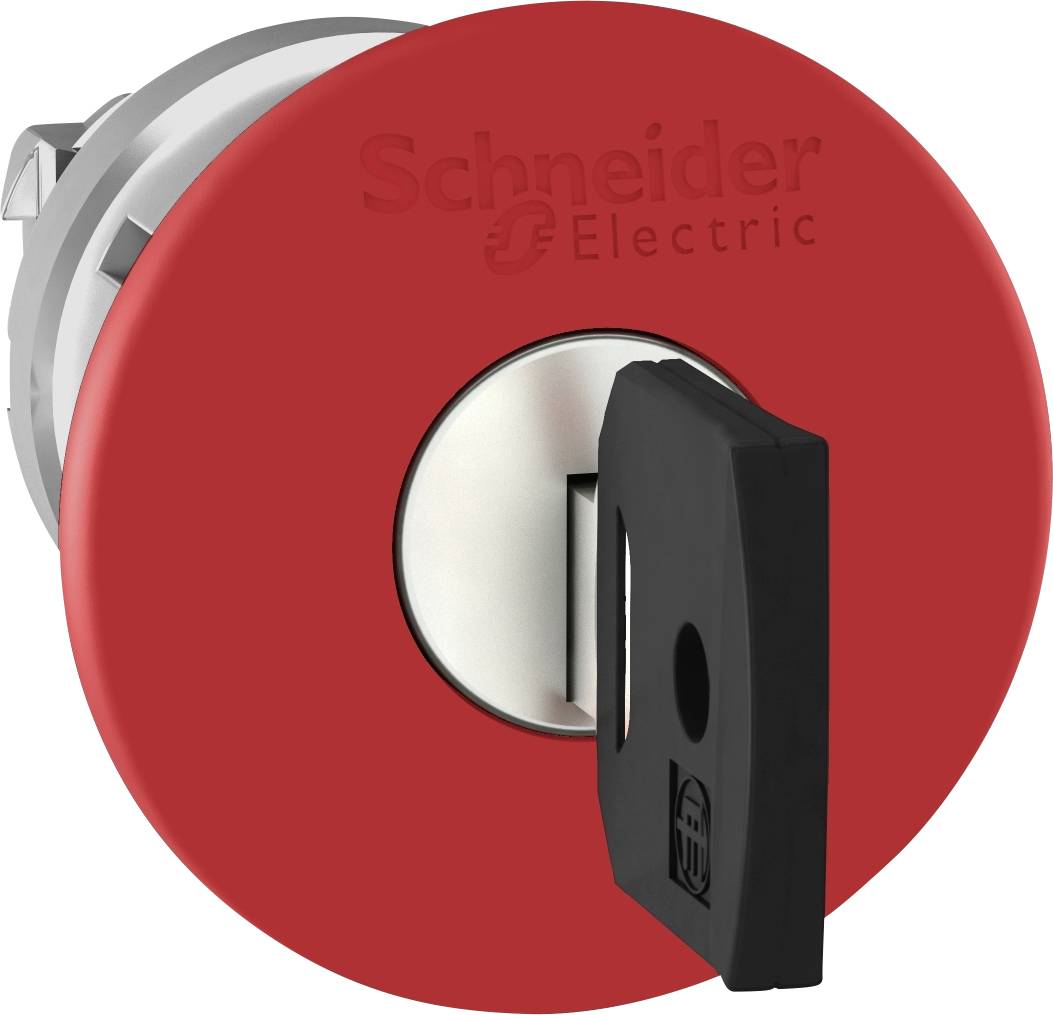 Schalter mit roter und schwarzer Front, Markenname 'Schneider Electric' sichtbar. Schaltschloss in der Mitte, Bedienung durch Drehung.