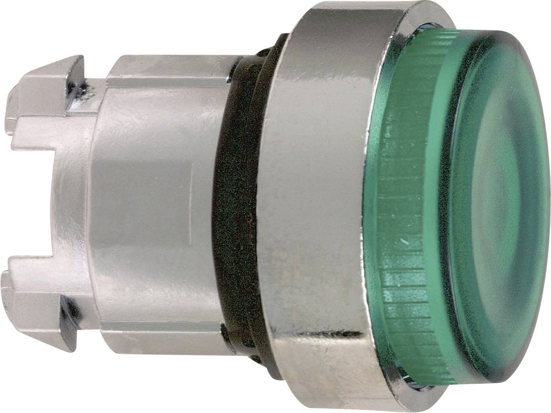 Grüner runder Knopf mit silbernem Rand, möglicherweise für Steuerungszwecke, auf metallischem Hintergrund montiert.
