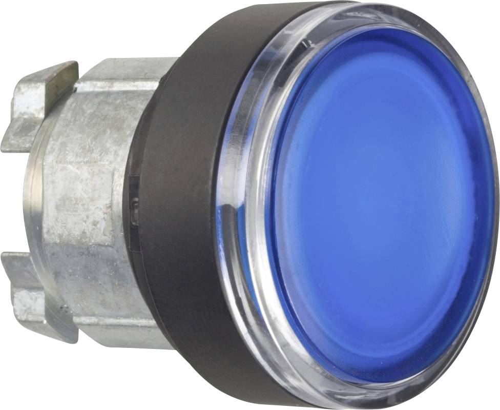 Ein runder blauer Druckknopf mit silbernem Metallrand. Geeignet für industrielle oder technische Anwendungen.