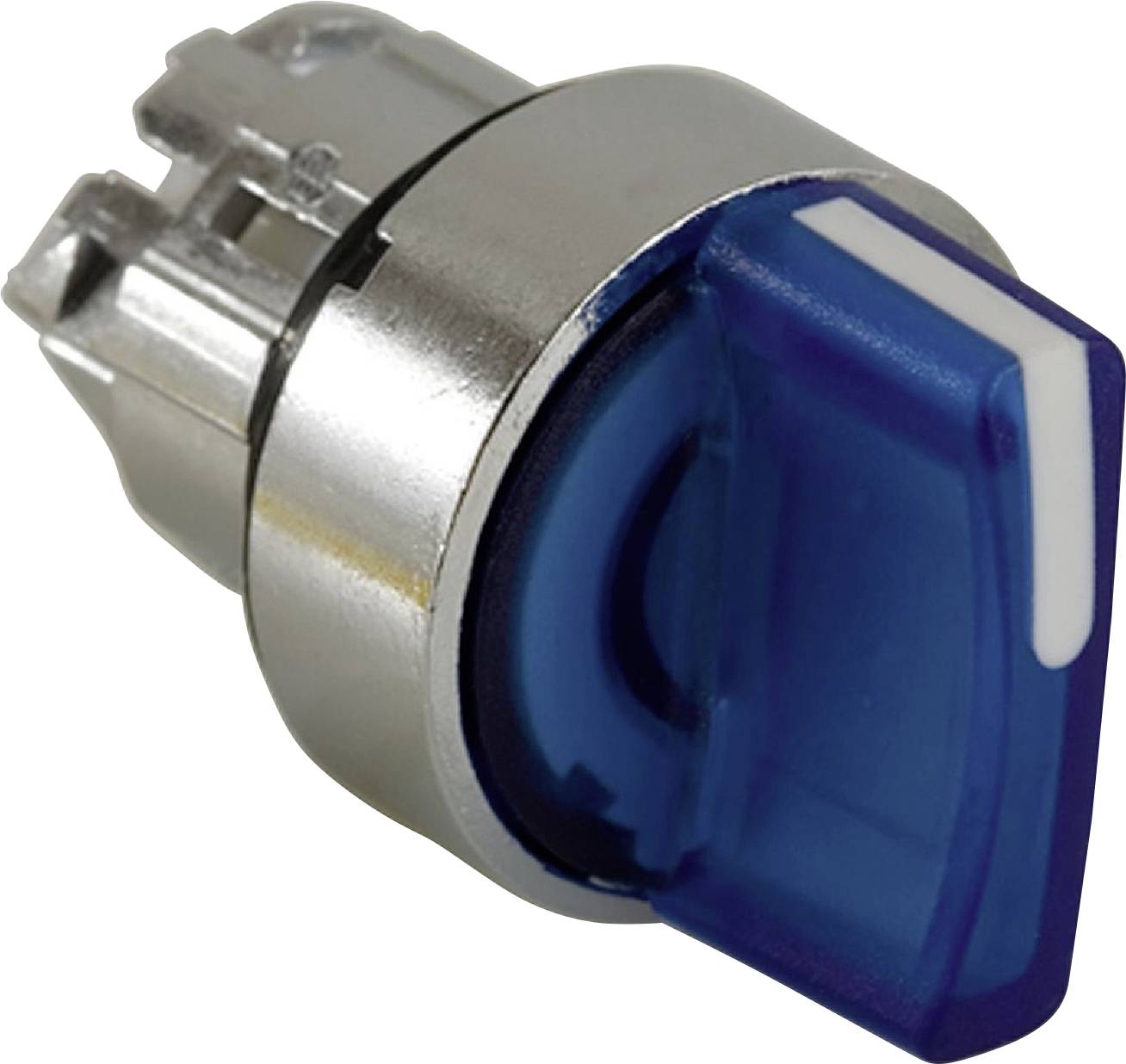 Ein blauer Kippschalter mit einem Metallrahmen und weißer Markierung. Die Ansicht zeigt den Schalter aus einem schrägen Winkel.